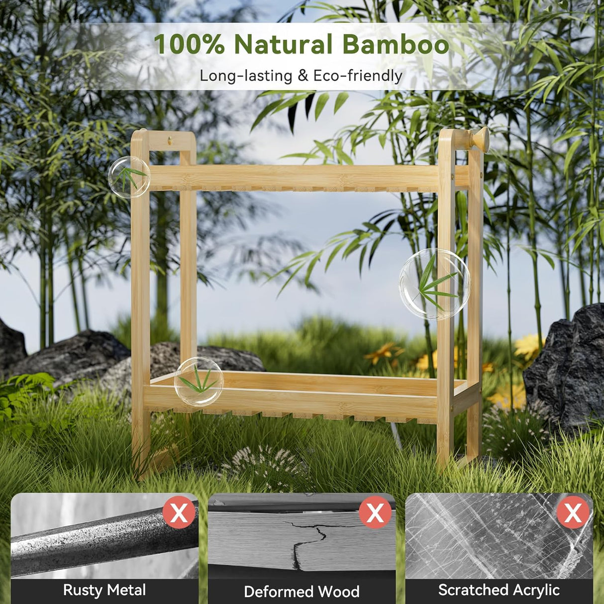 AmazerBath natural bamboo toilet rack highlighting durable bamboo versus metal, wood and acrylic.
