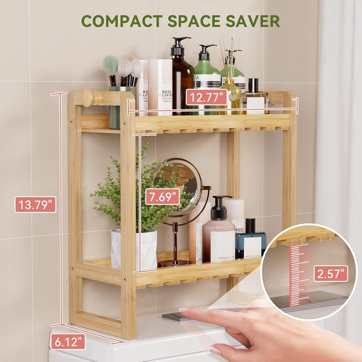 AmazerBath natural bamboo toilet rack dimensions with compact 13.79-inch height and 12.77-inch width.