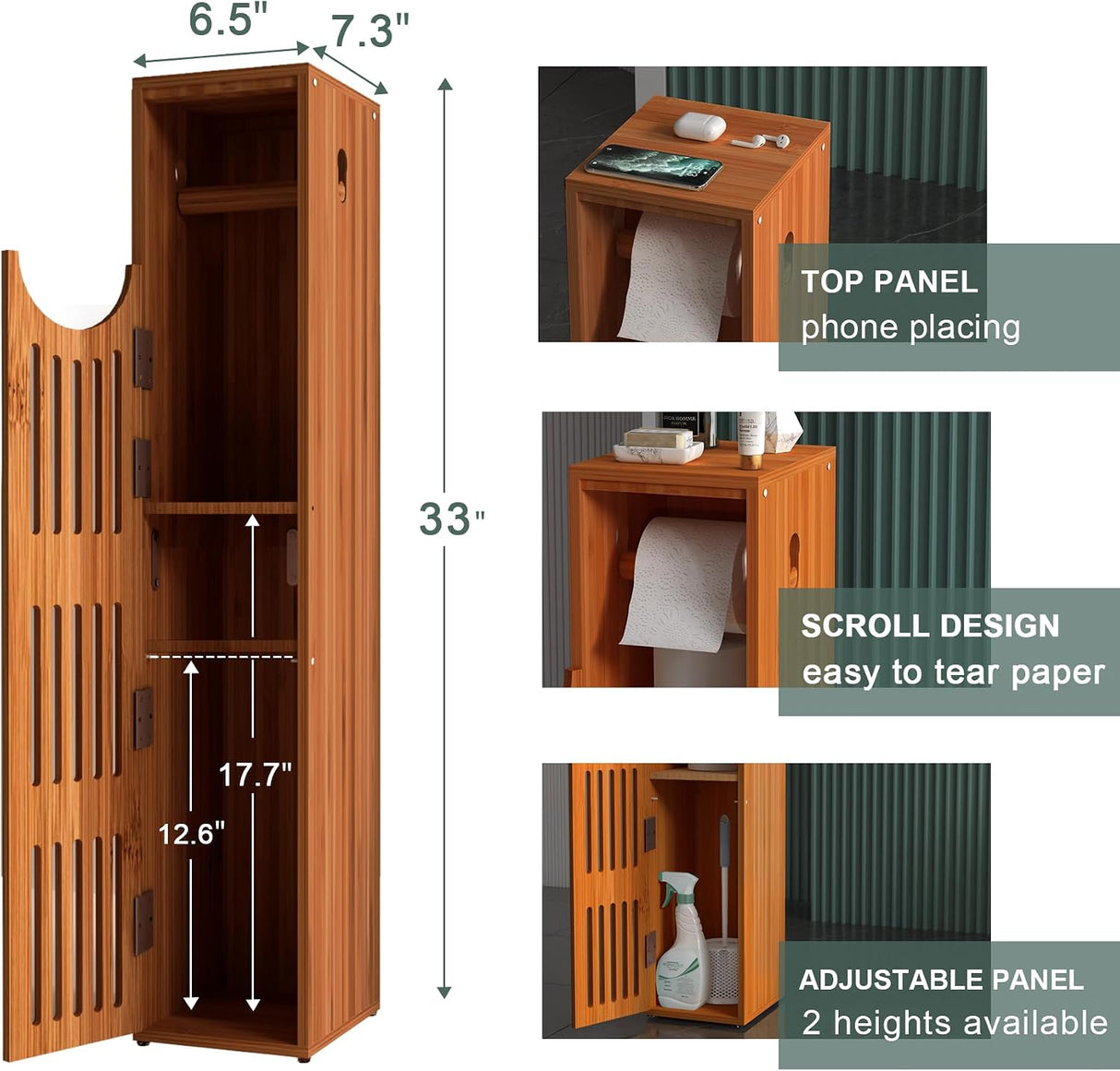 AmazerBath Bamboo Toilet Paper Storage Cabinet in Brown, 7.3"D x 6.5"W x 33"H, product detail and key features.