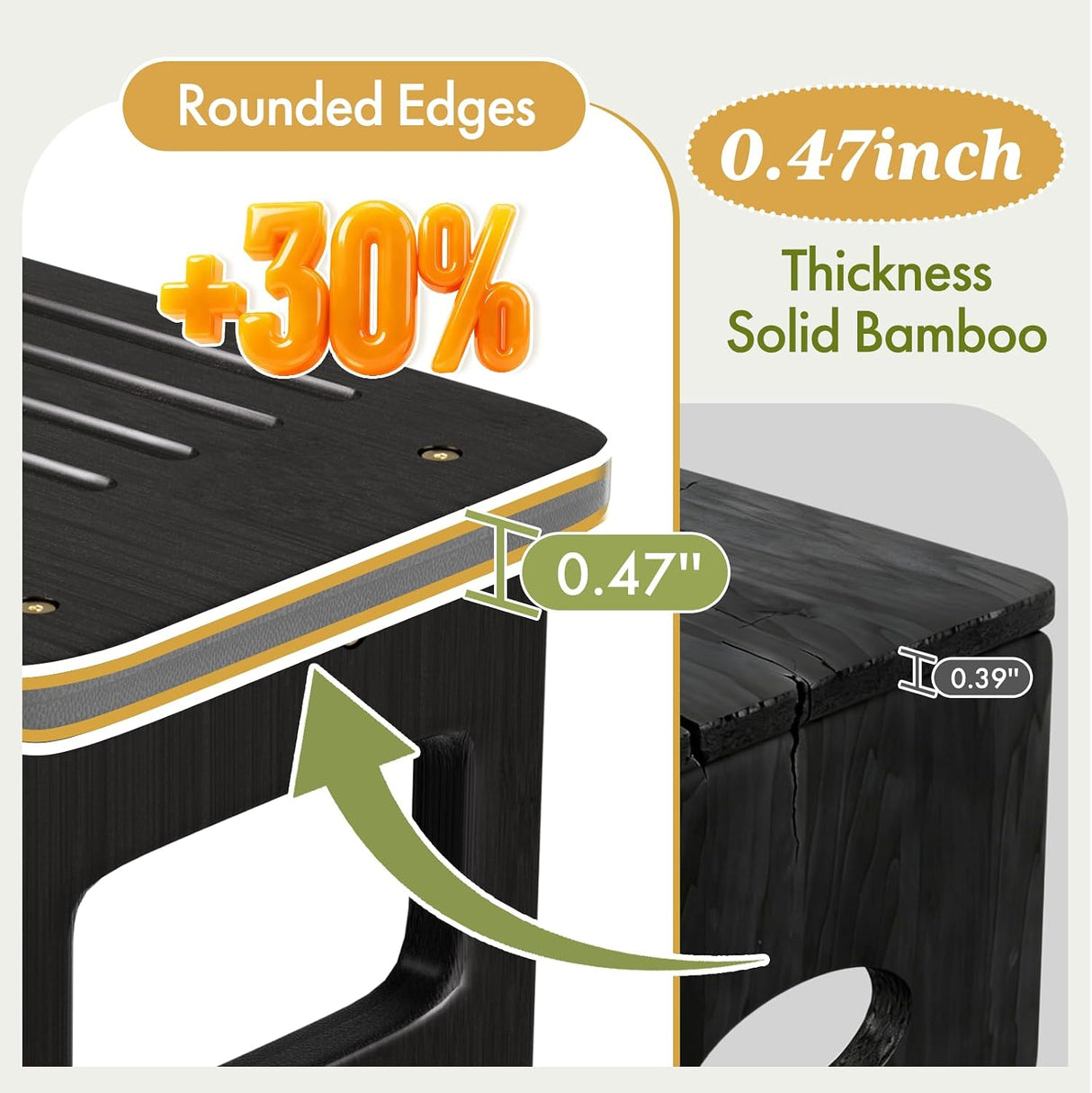Close-up of black bamboo toilet stool showing 0.47-inch solid bamboo thickness and smooth rounded edges.