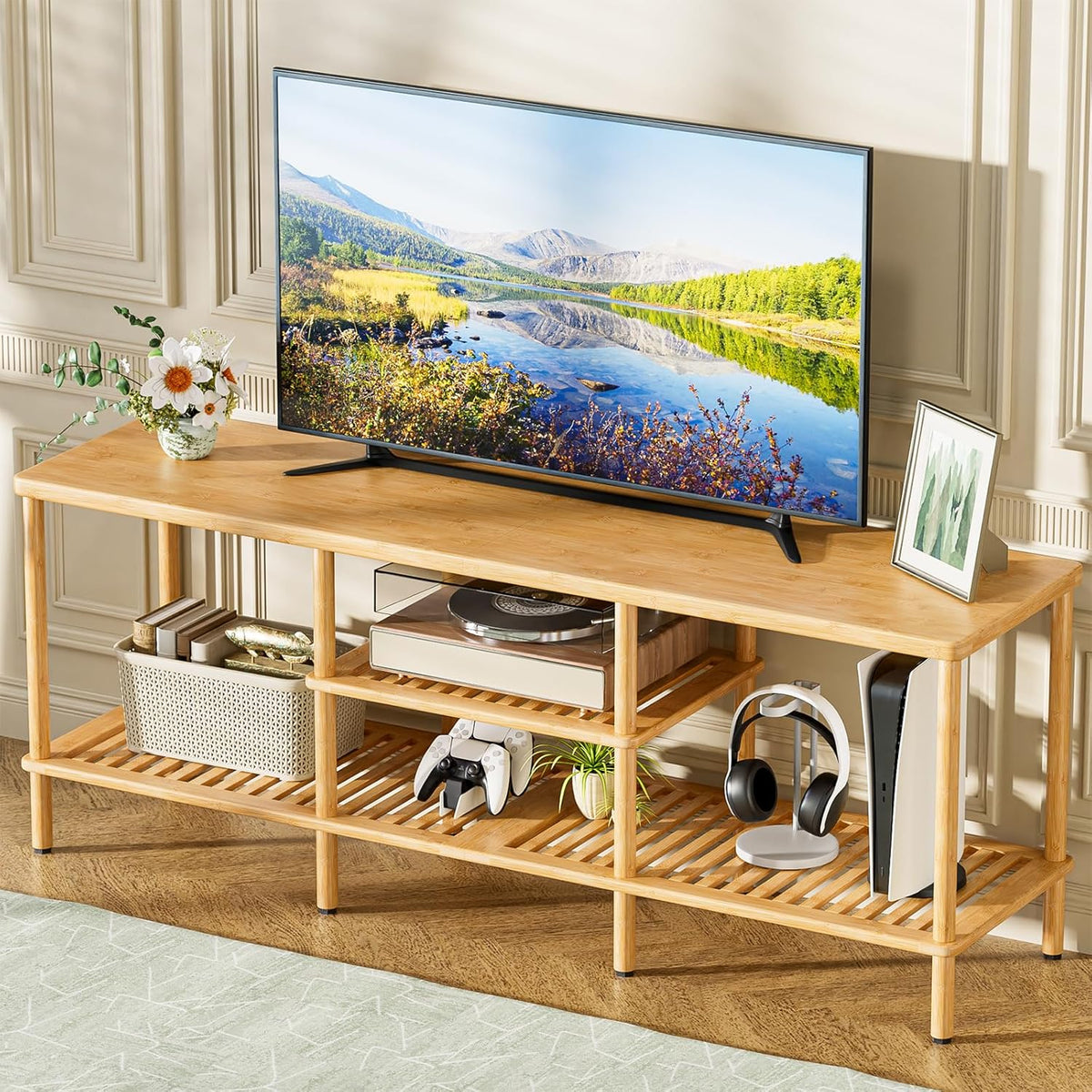 AmazerBath bamboo TV stand with 3-tier open storage, with a natural bamboo finish and open storage.