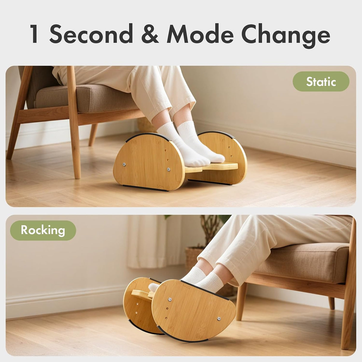 AmazerBath bamboo footrest switching between stable and rocking modes in one second.