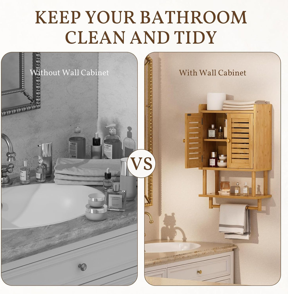 AmazerBath Bamboo Bathroom Wall Cabinet with 2 Doors in Natural, 8.3"D x 16.5"W x 26.6"H, product detail and key features.