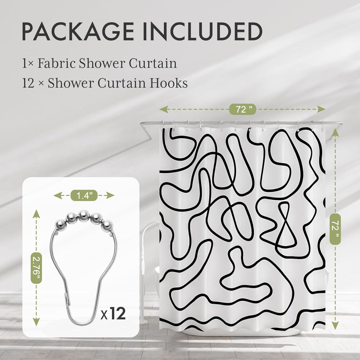 Black Abstract Shower Curtain with 12 Rings with included hooks and rust-resistant grommets.