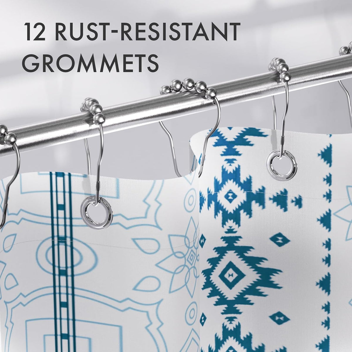 Rust-resistant hardware detail on the Boho Haven Geometric Shower Curtain with 12 Rings in blue.