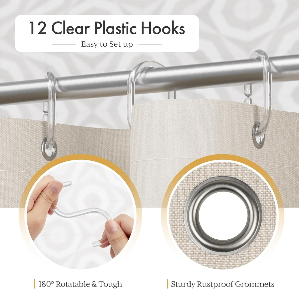 Striped Farmhouse Shower Curtain with Tassels with included hooks and rust-resistant grommets.