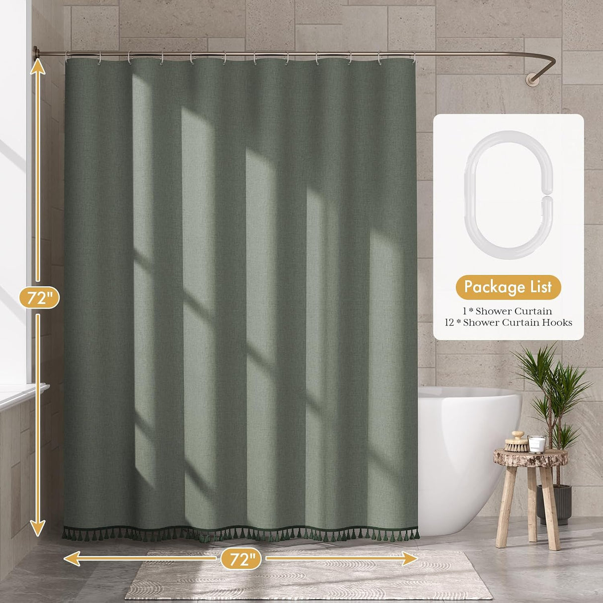 Green AmazerBath 72 x 72-inch farmhouse shower curtain with bottom tassels and 12 included hooks.