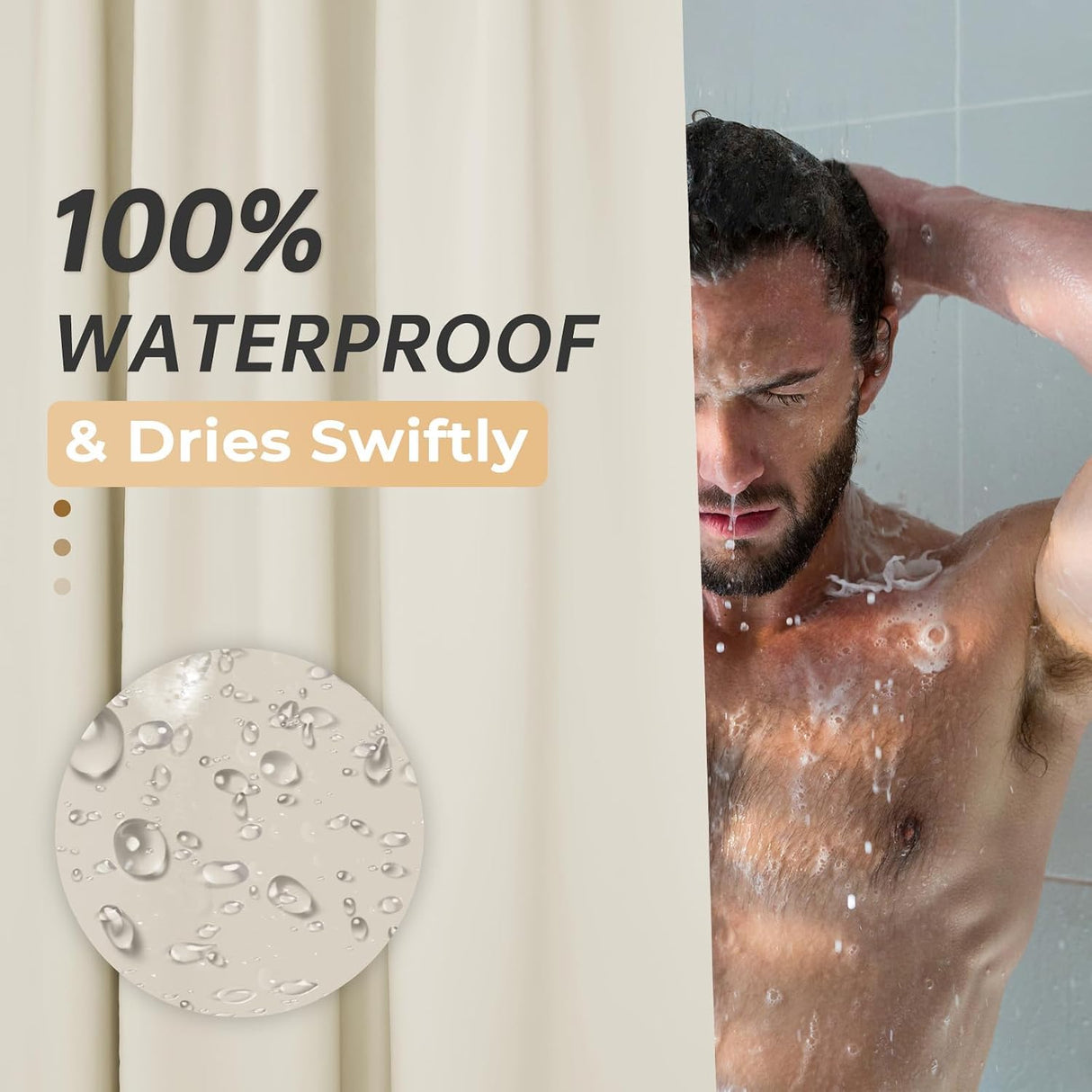 AmazerBath heavy duty 8G PEVA shower curtain liner in Beige, highlighting easy clean details.