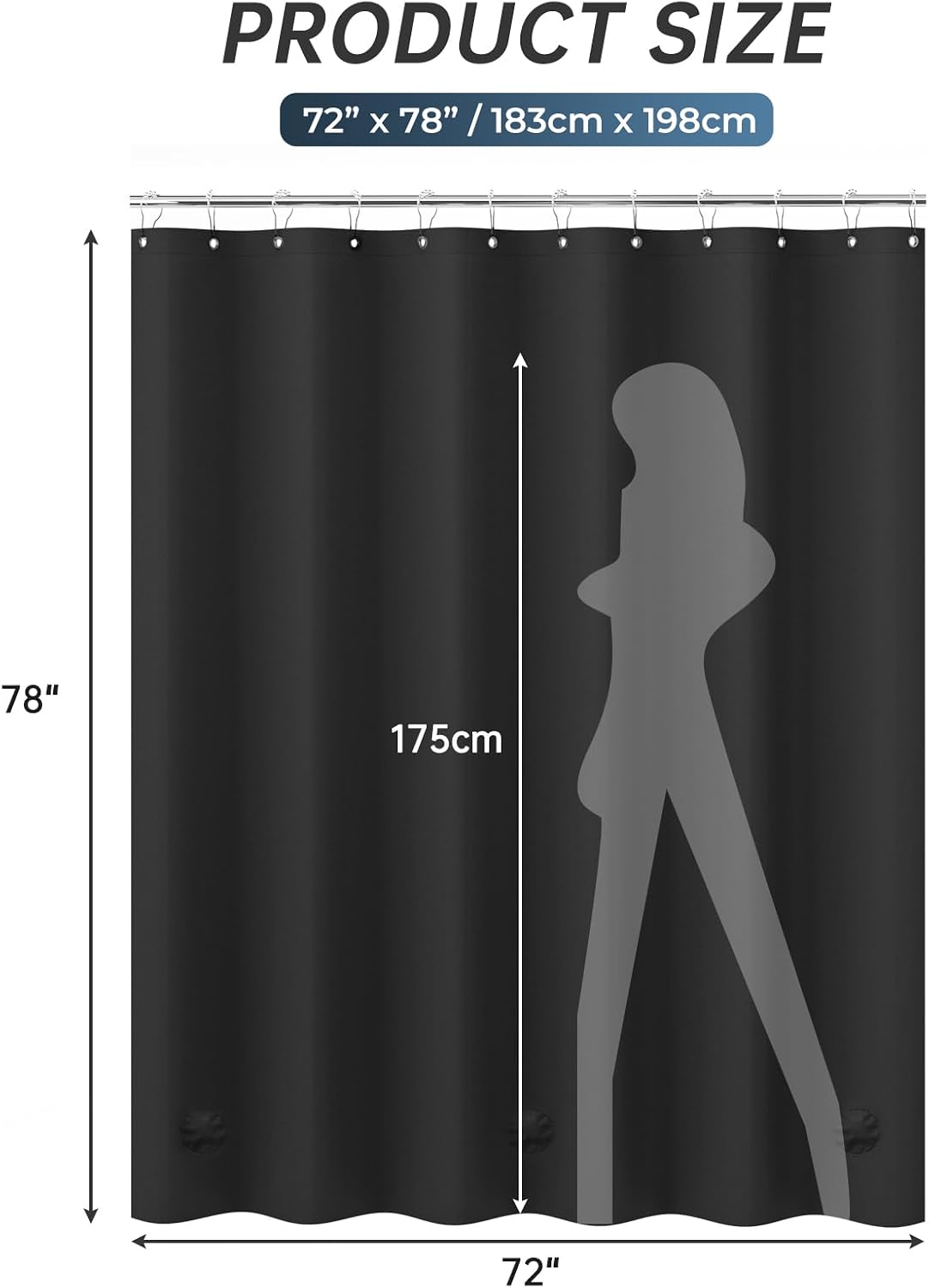AmazerBath heavy duty 8G PEVA shower curtain liner in Black, 72"W x 78"L, shown as a waterproof weighted liner.