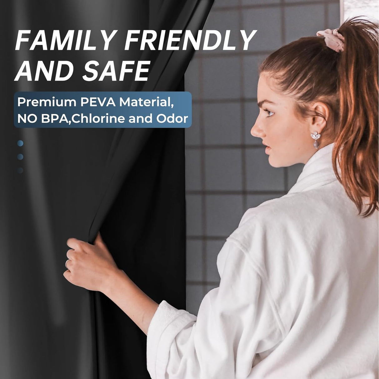 AmazerBath heavy duty 8G PEVA shower curtain liner in Black, highlighting peva material details.