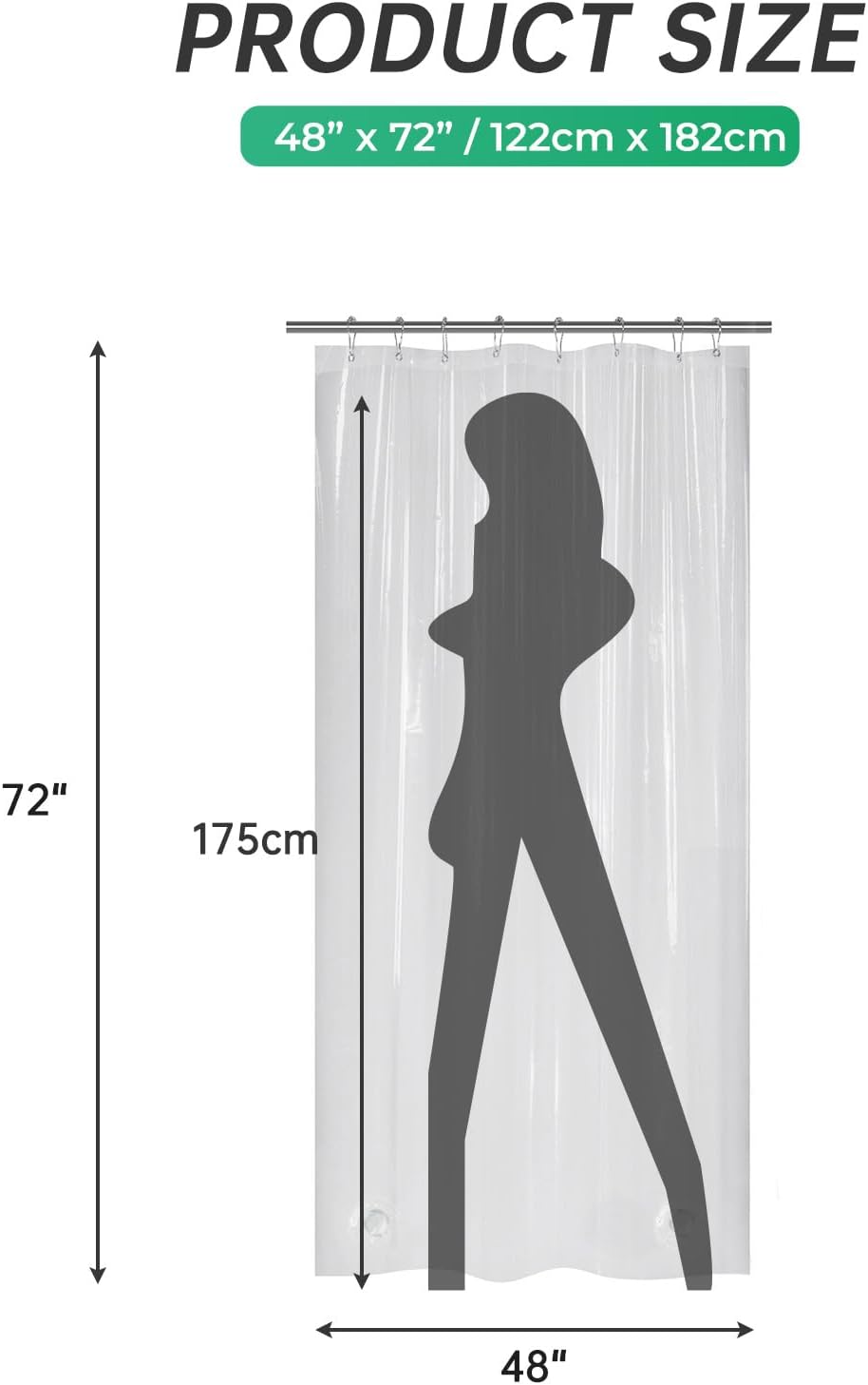 AmazerBath heavy duty 8G PEVA shower curtain liner in Clear, 48"W x 72"L, shown as a waterproof weighted liner.
