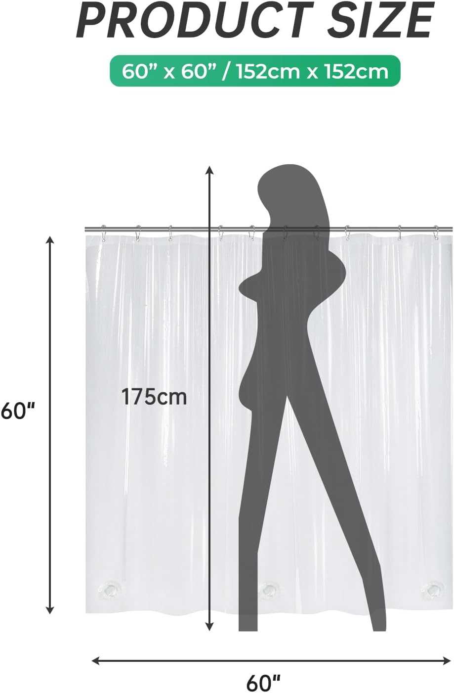 AmazerBath heavy duty 8G PEVA shower curtain liner in Clear, 60"W x 60"L, shown as a waterproof weighted liner.