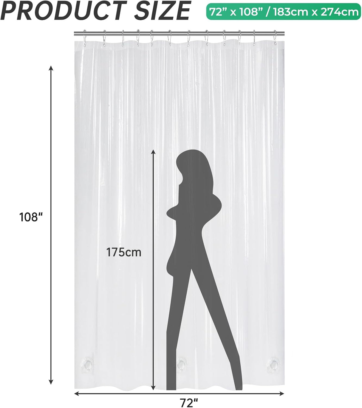 AmazerBath heavy duty 8G PEVA shower curtain liner in Clear, 72"W x 108"L, shown as a waterproof weighted liner.