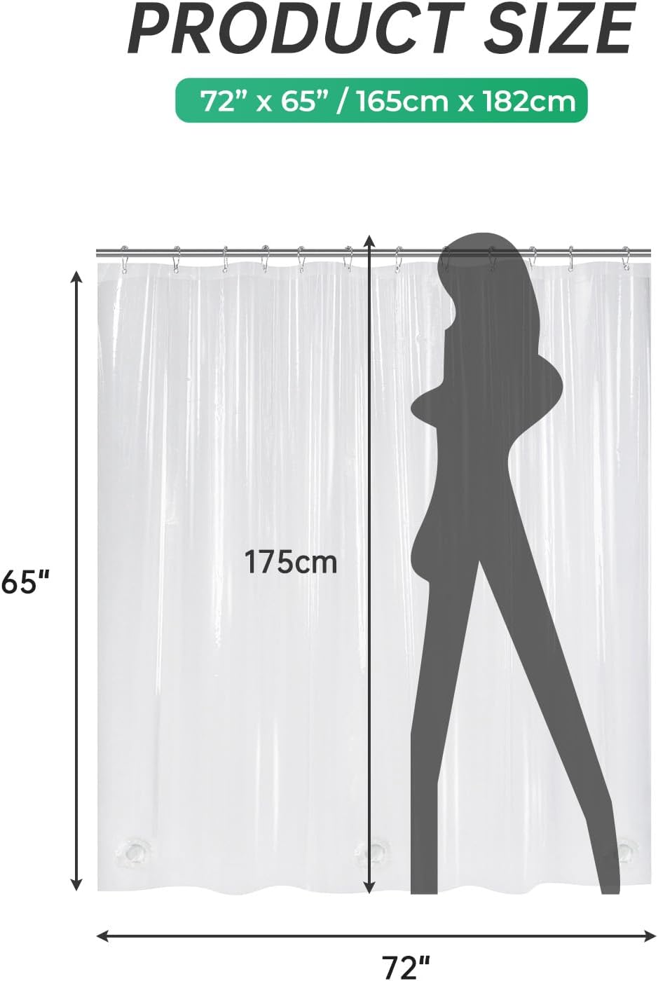 AmazerBath heavy duty 8G PEVA shower curtain liner in Clear, 72"W x 65"L, shown as a waterproof weighted liner.