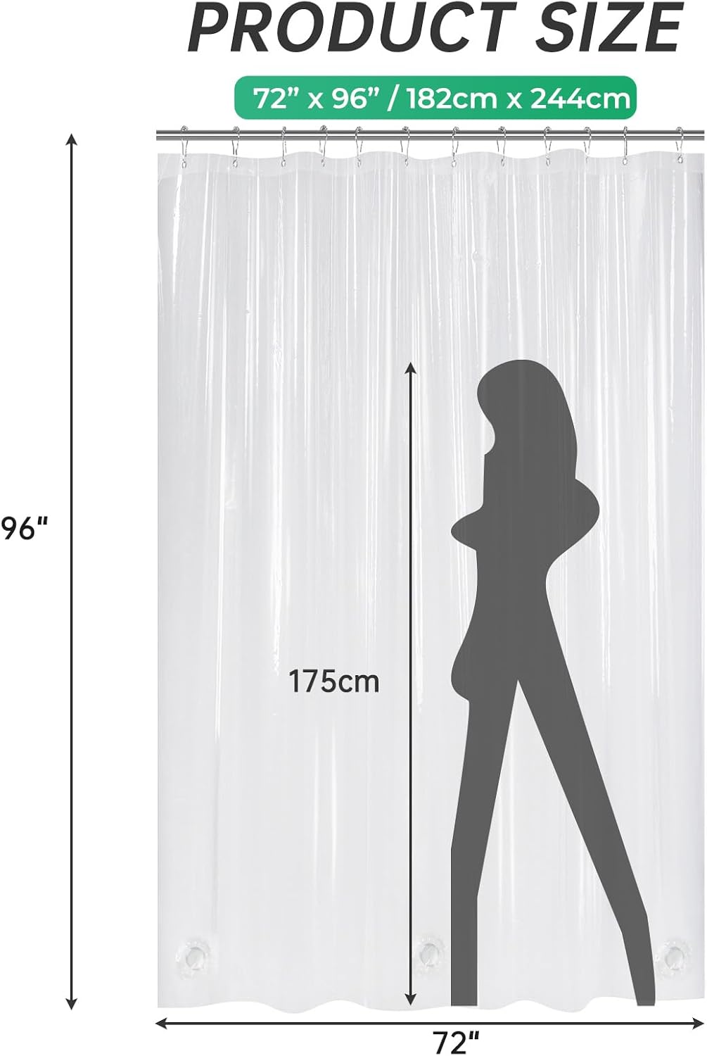 AmazerBath heavy duty 8G PEVA shower curtain liner in Clear, 72"W x 96"L, shown as a waterproof weighted liner.
