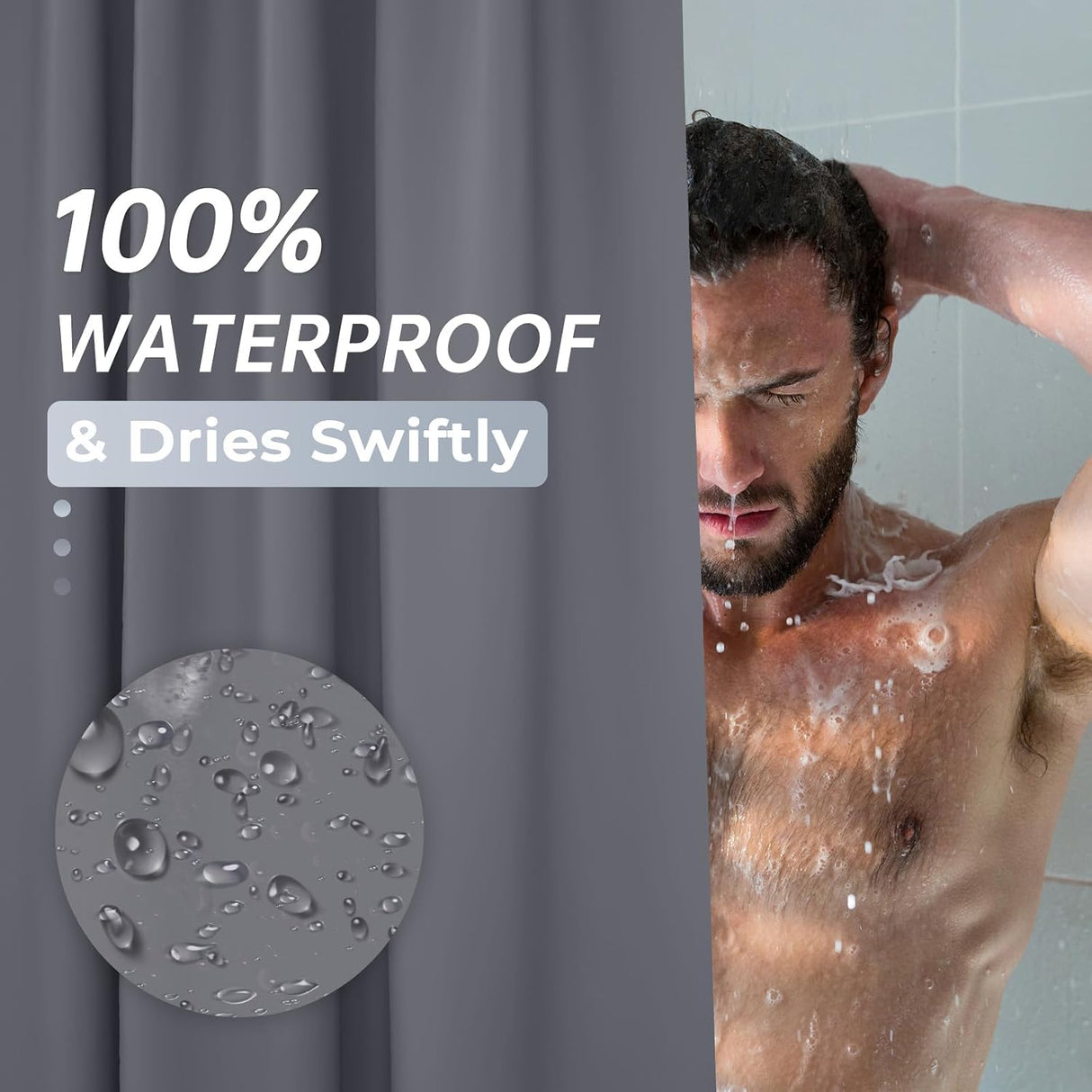 AmazerBath heavy duty 8G PEVA shower curtain liner in Dark Grey, highlighting easy clean details.