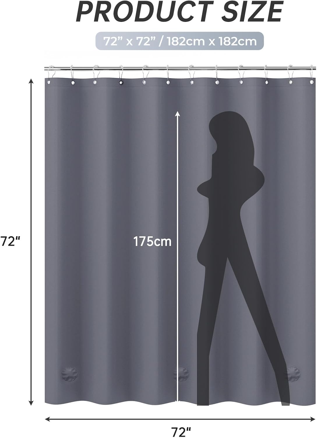 AmazerBath heavy duty 8G PEVA shower curtain liner in Dark Grey, highlighting waterproof details.