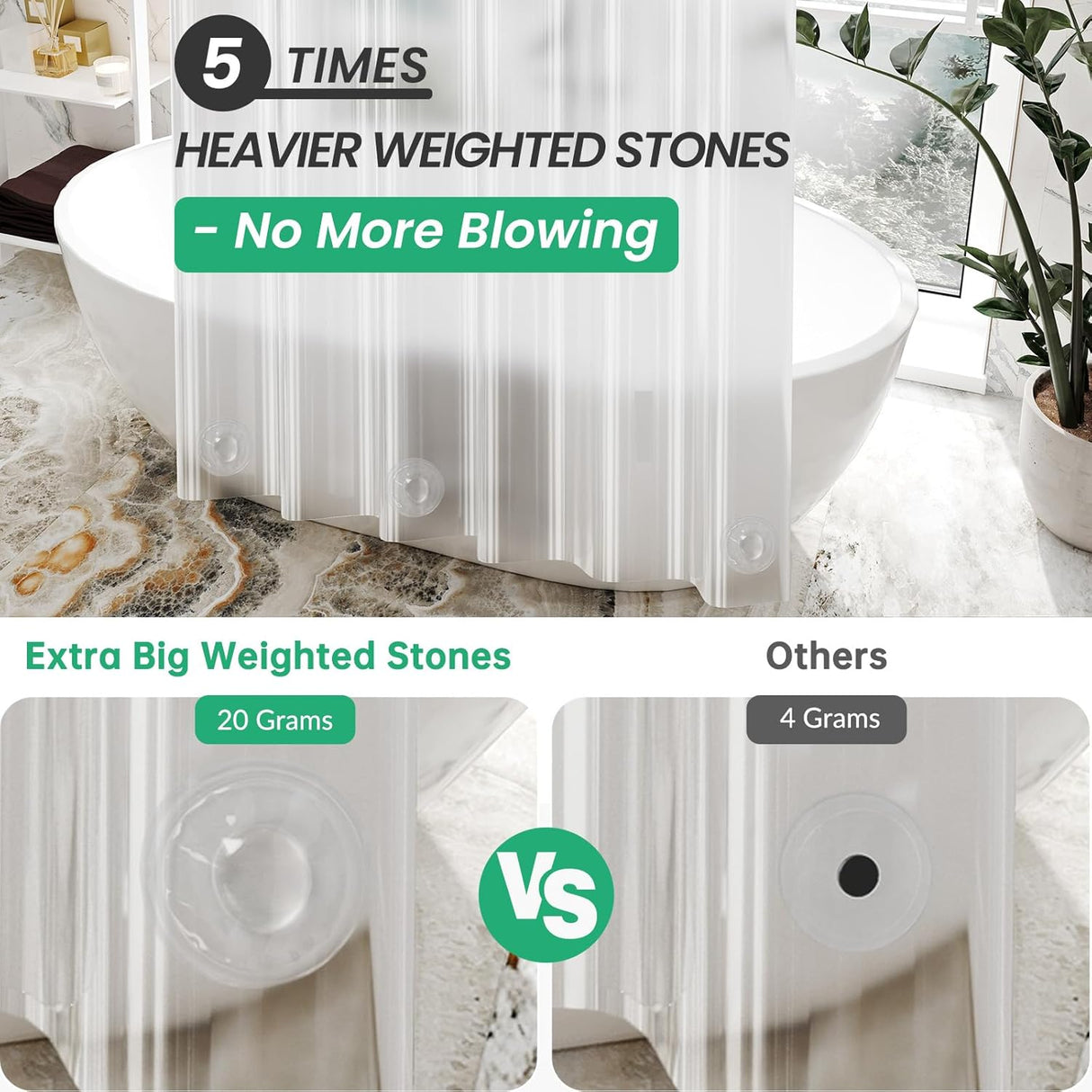 AmazerBath heavy duty 8G PEVA shower curtain liner in Ethereal, 72"W x 72"L, shown as a waterproof weighted liner.