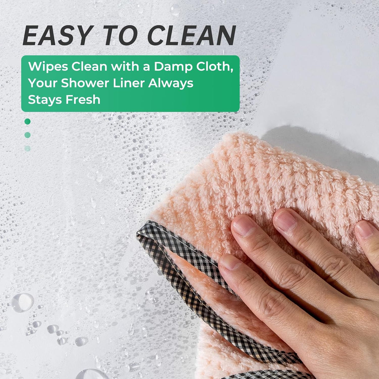 AmazerBath heavy duty 8G PEVA shower curtain liner in Frosted, highlighting weighted stones details.
