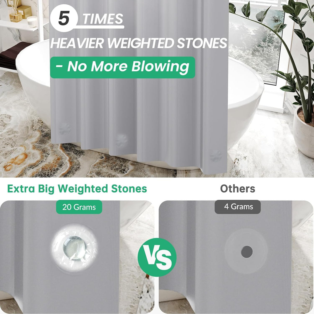 AmazerBath heavy duty 8G PEVA shower curtain liner in Grey, 72"W x 72"L, shown as a waterproof weighted liner.