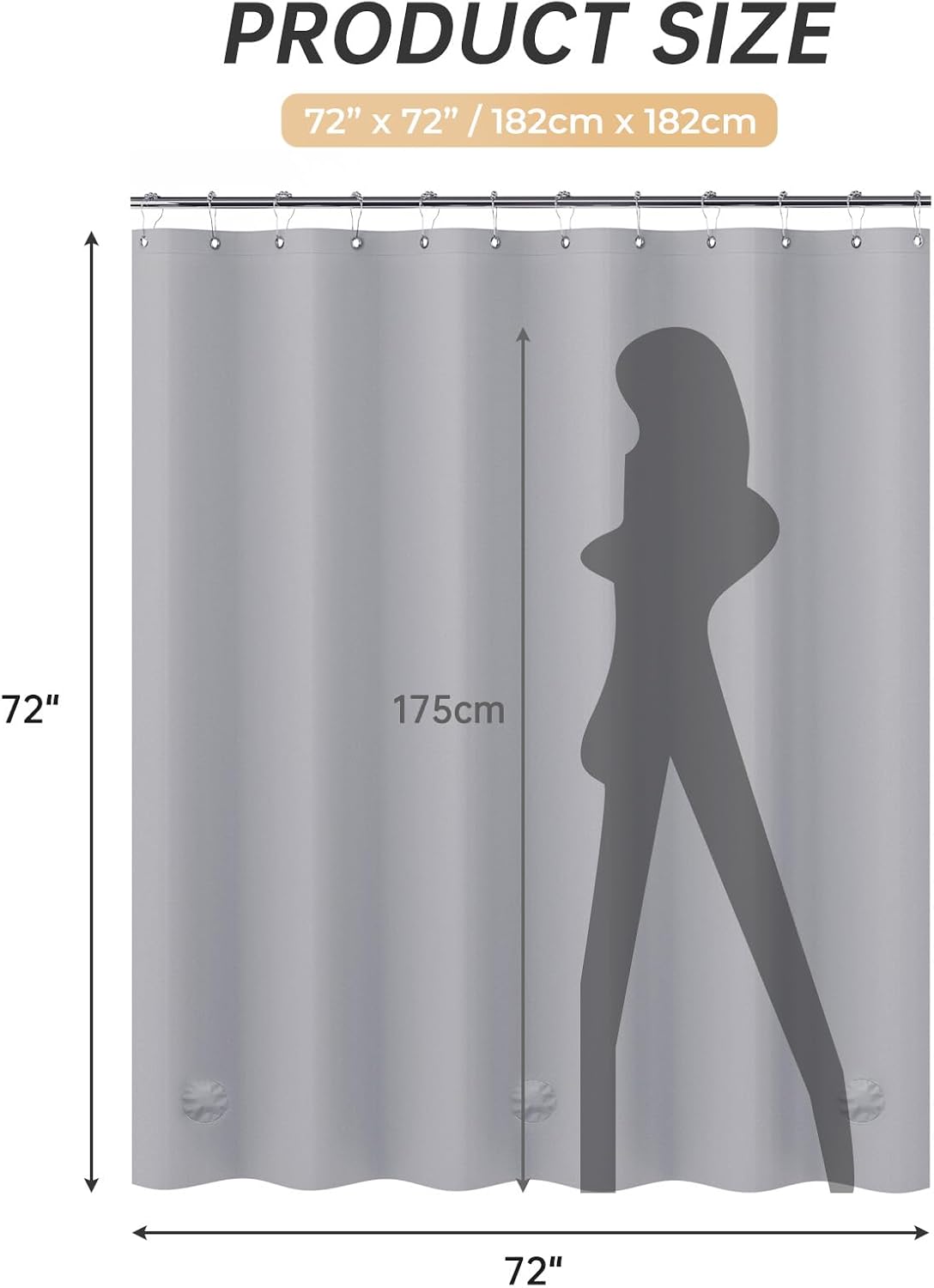 AmazerBath heavy duty 8G PEVA shower curtain liner in Grey, highlighting waterproof details.