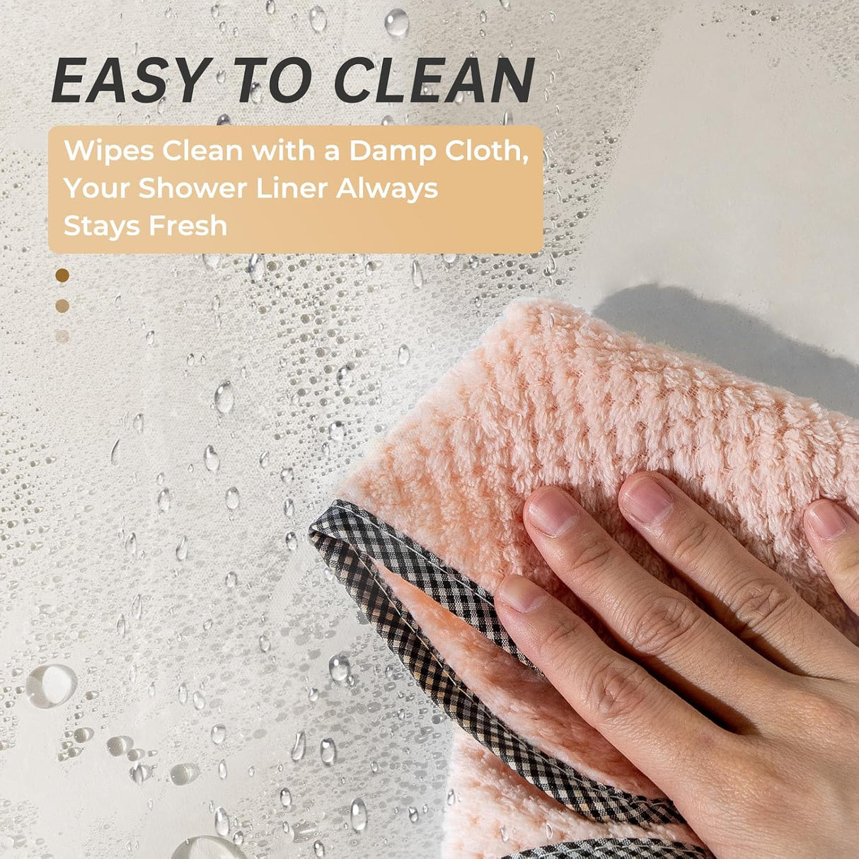 AmazerBath heavy duty 8G PEVA shower curtain liner in Khaki, highlighting weighted stones details.