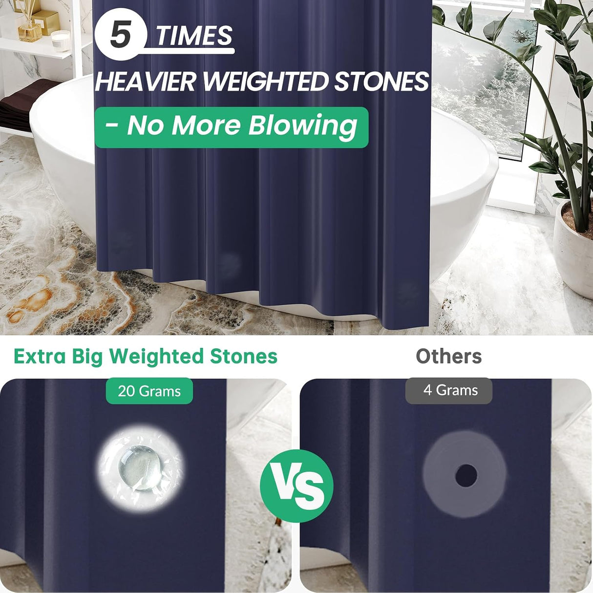 AmazerBath heavy duty 8G PEVA shower curtain liner in Navy Blue, 72"W x 72"L, shown as a waterproof weighted liner.