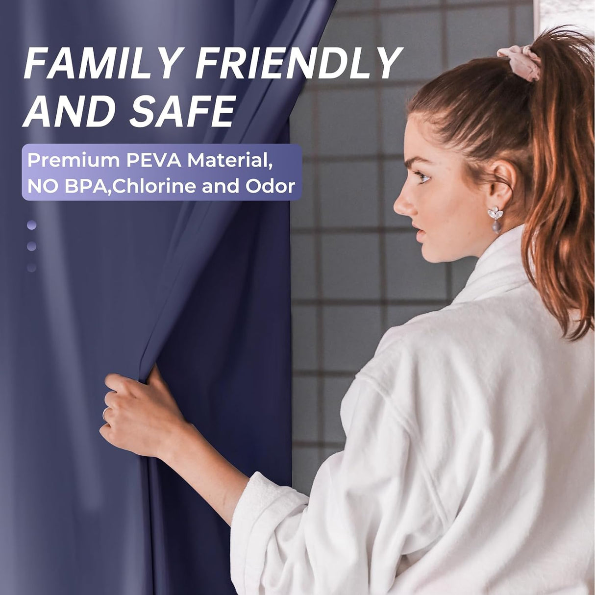 AmazerBath heavy duty 8G PEVA shower curtain liner in Navy Blue, highlighting peva material details.