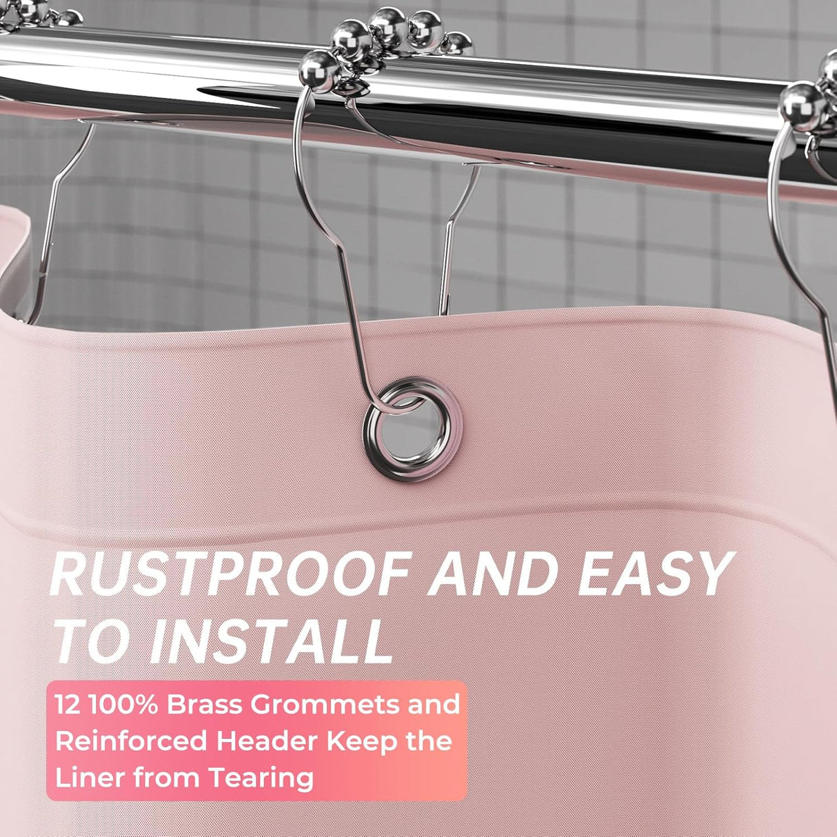 AmazerBath heavy duty 8G PEVA shower curtain liner in Pink, highlighting metal grommets details.