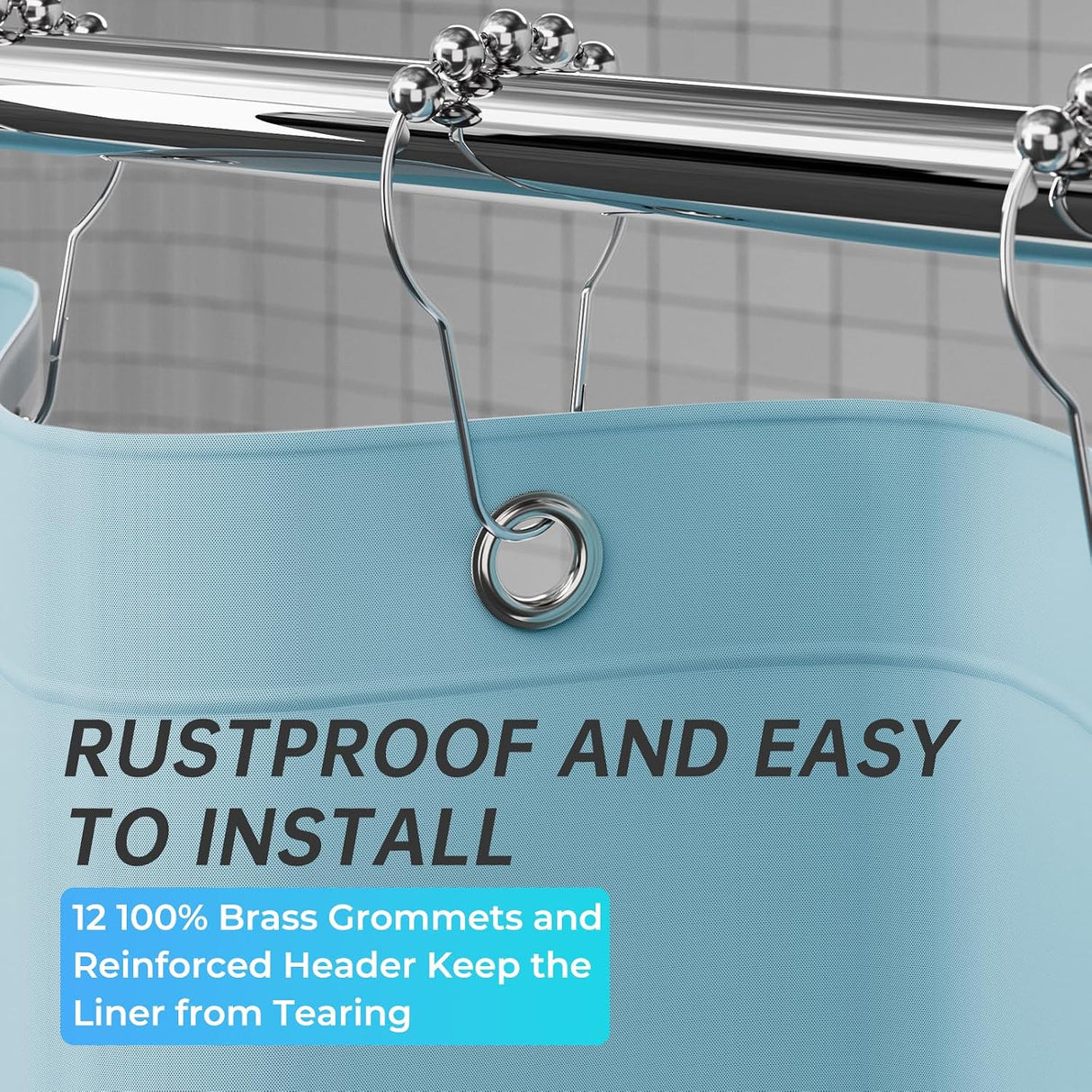AmazerBath heavy duty 8G PEVA shower curtain liner in Teal, highlighting metal grommets details.