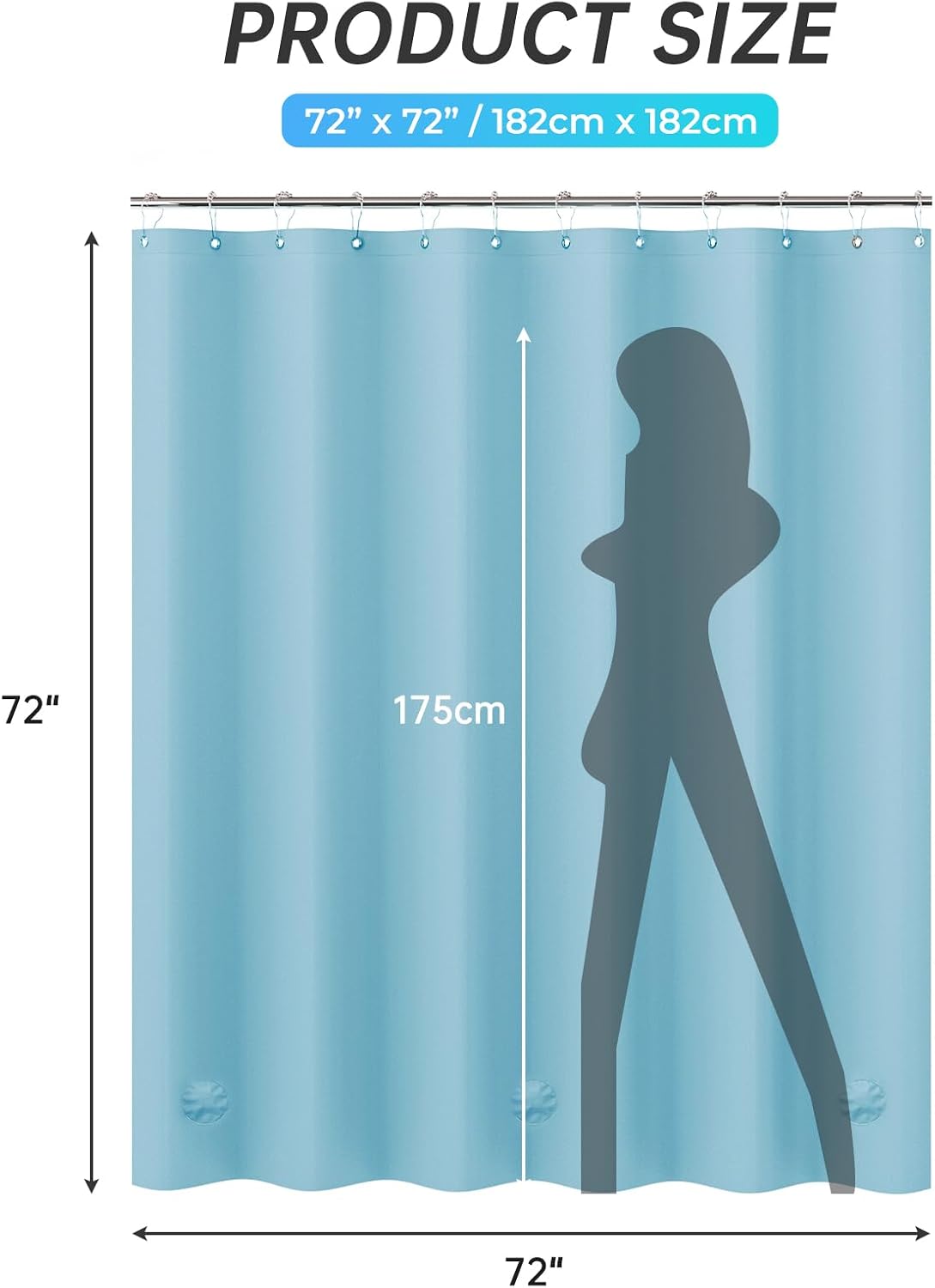 AmazerBath heavy duty 8G PEVA shower curtain liner in Teal, highlighting waterproof details.