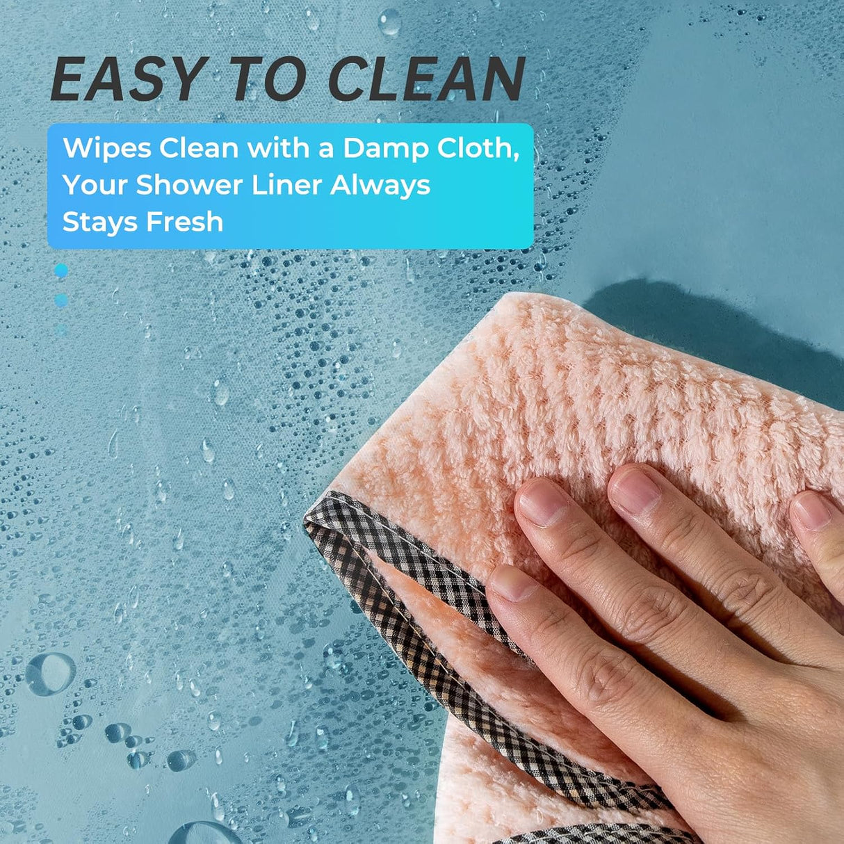 AmazerBath heavy duty 8G PEVA shower curtain liner in Teal, highlighting weighted stones details.