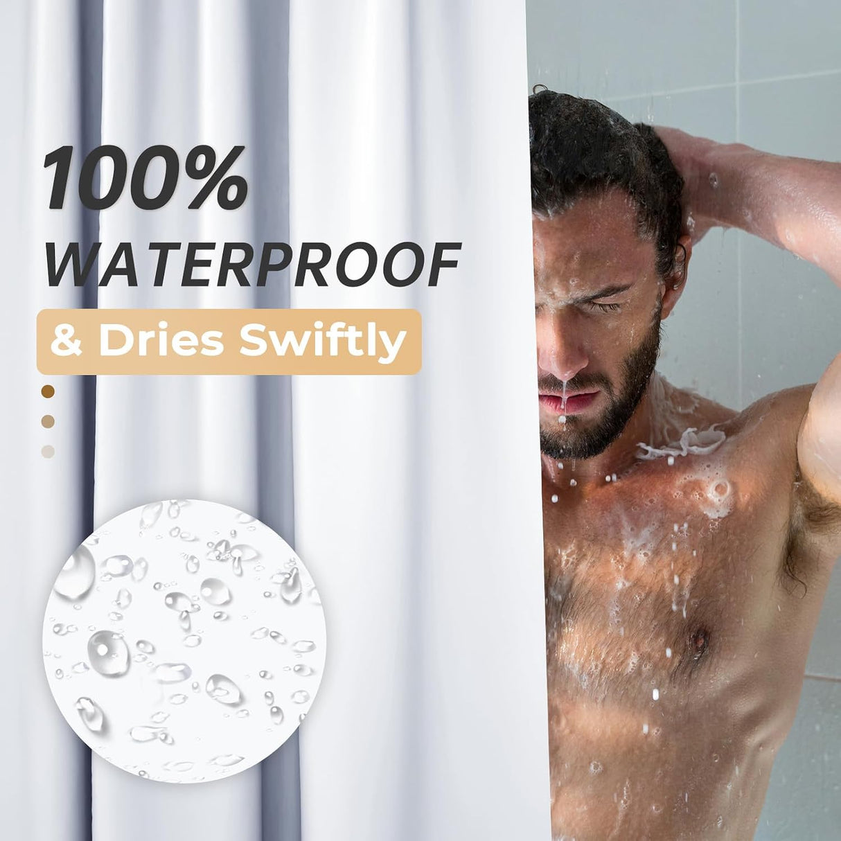 AmazerBath heavy duty 8G PEVA shower curtain liner in White, highlighting easy clean details.