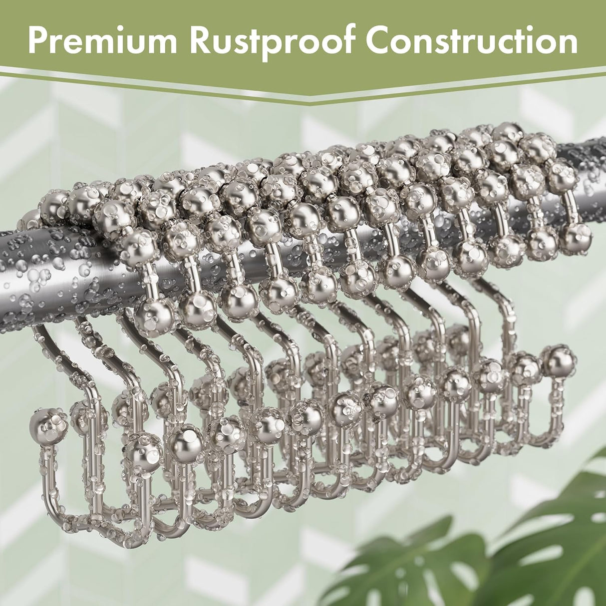 AmazerBath Nickel metal double shower curtain hooks, set of 12, product detail view in Modern style.