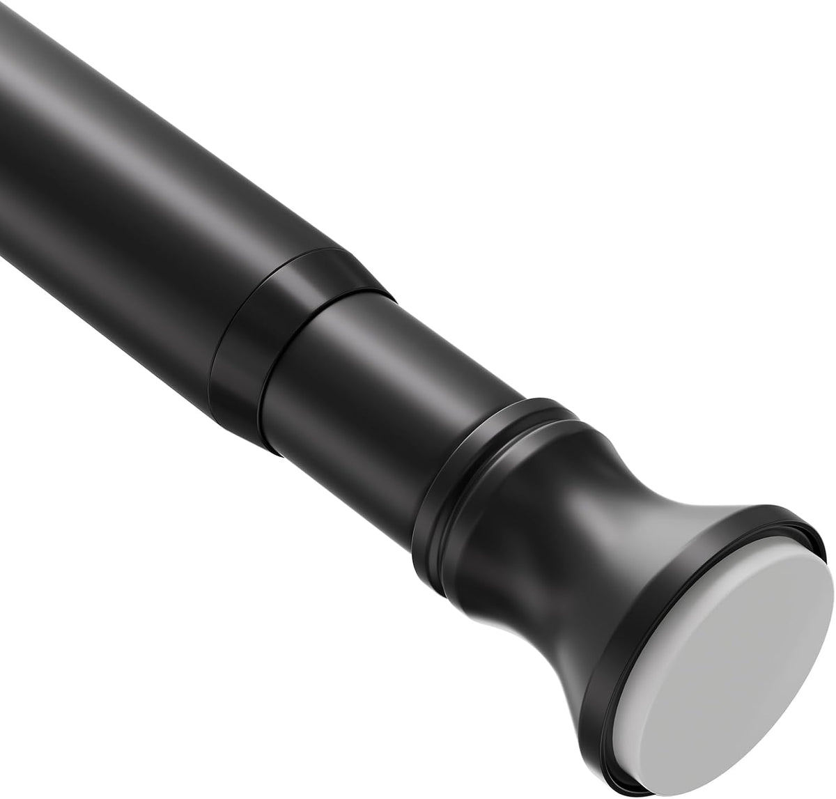 AmazerBath Black segmented spring tension rod close-up showing the smooth metal finish and non-slip end cap.