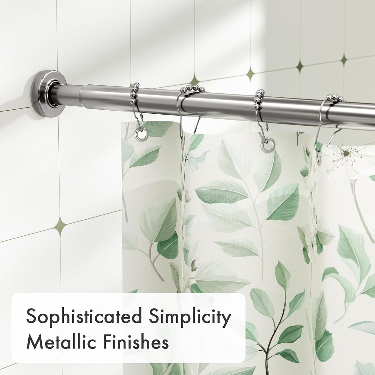 Nickel AmazerBath spring tension curtain rod showing installed with a shower curtain.