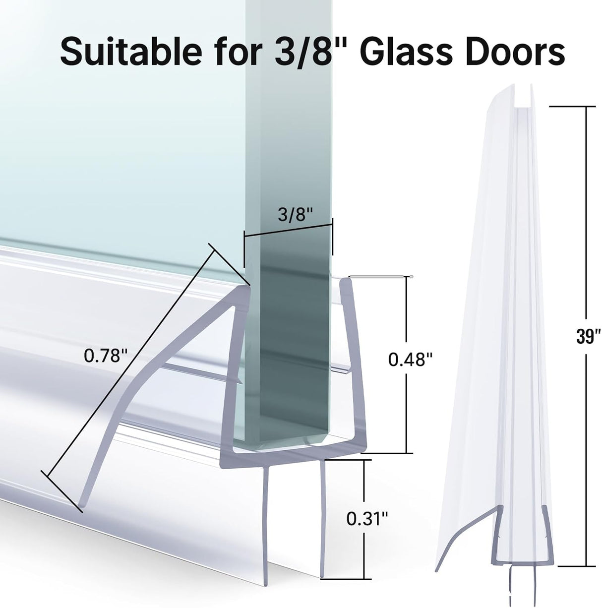 AmazerBath clear bottom shower door seal dimensions for 3/8-inch glass doors and 39-inch installation.