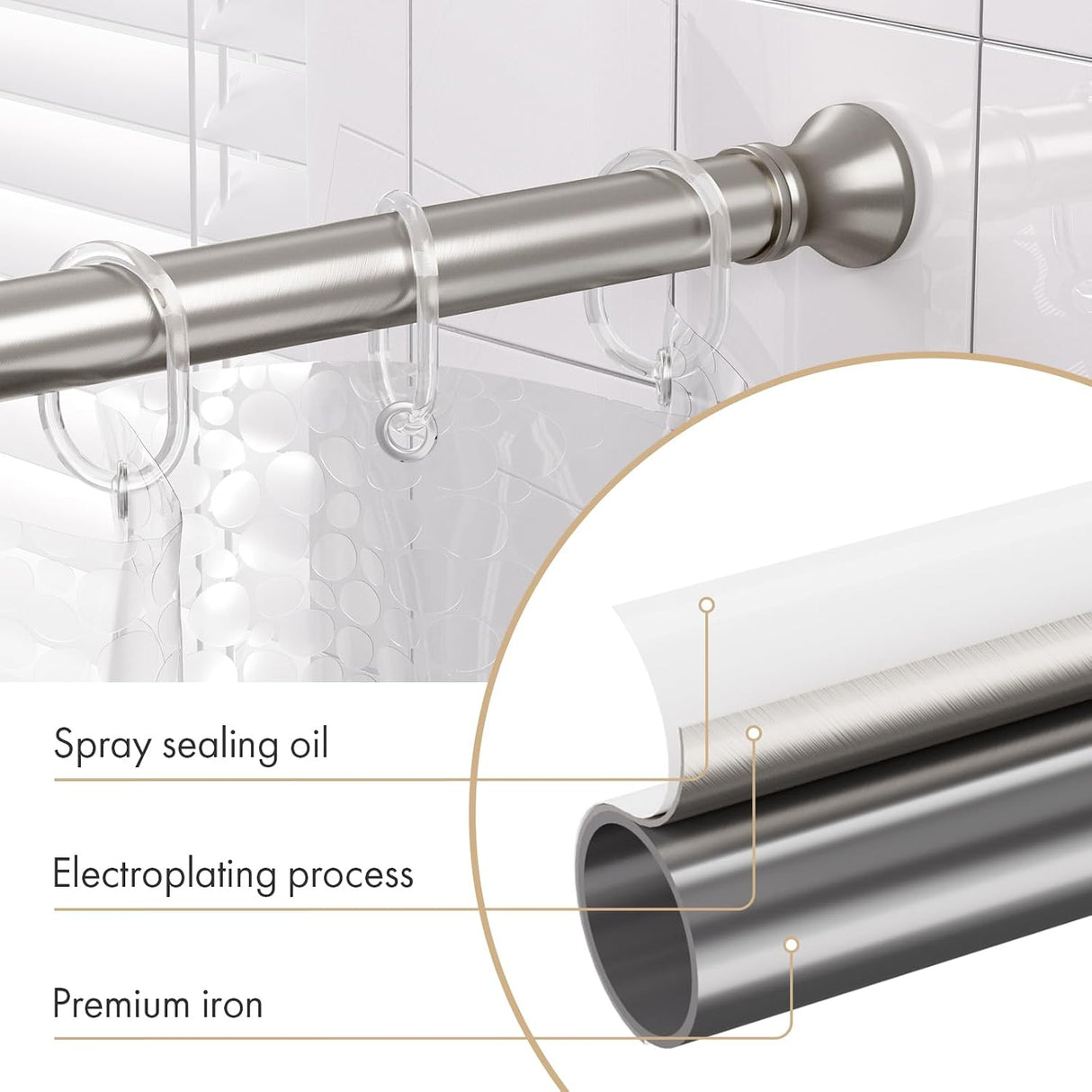 AmazerBath nickel tension shower curtain rod used for shower, window, wardrobe, and room divider spaces.