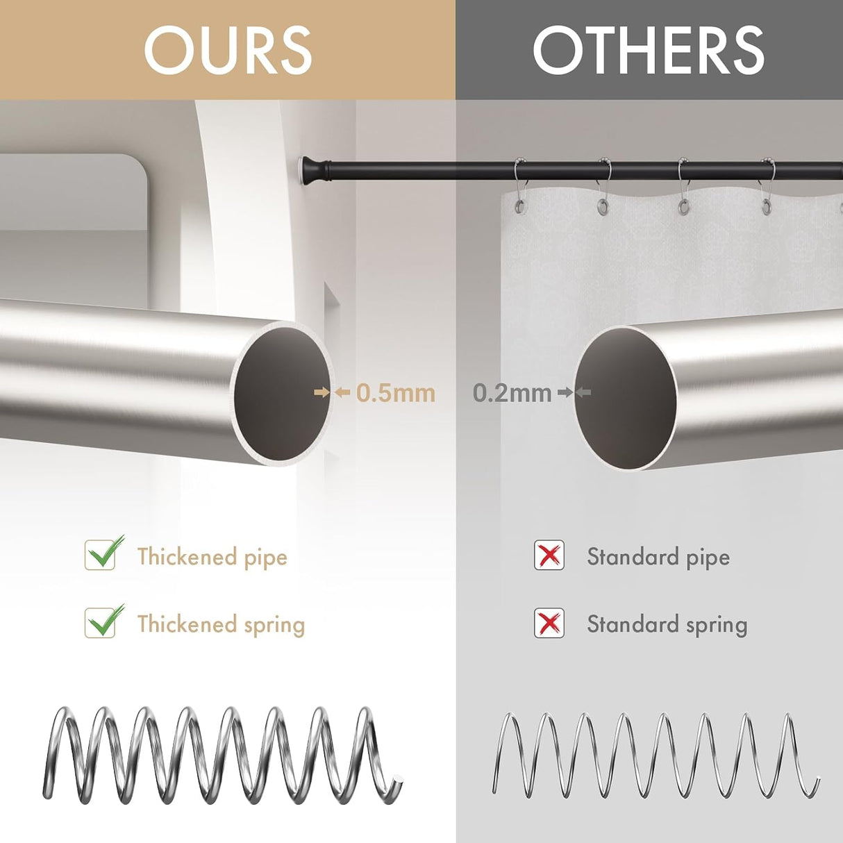 AmazerBath nickel tension shower curtain rod compared with standard rods, showing a thicker pipe and spring.