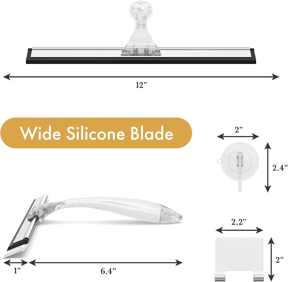 AmazerBath Shower Squeegee with Hook and Suction Cup in Clear, product detail image highlighting the design and key features.