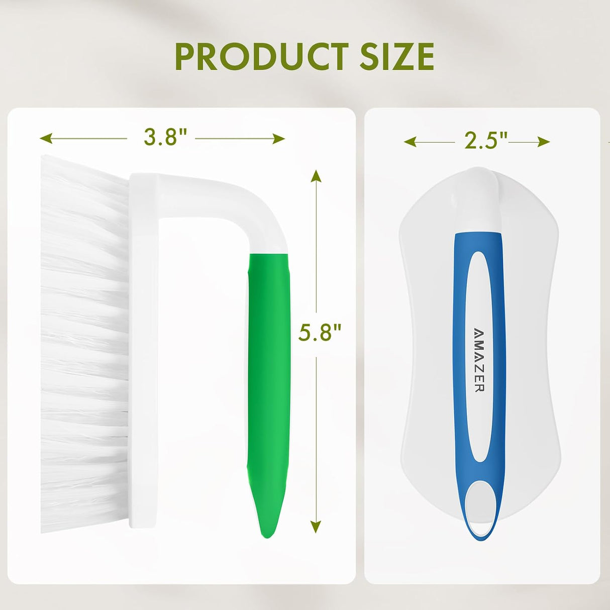 Stiff-Bristle Scrub Brushes with Comfort Grip, 2-Pack in green size and dimensions chart.
