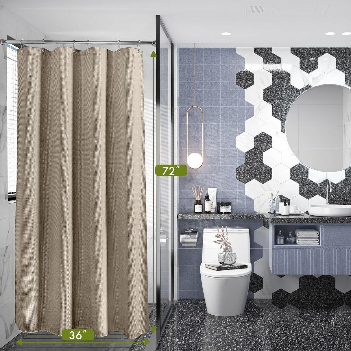 AmazerBath Waffle Shower Curtain, 240 GSM Hotel Style in Khaki, shown as the main product image for bathroom use.
