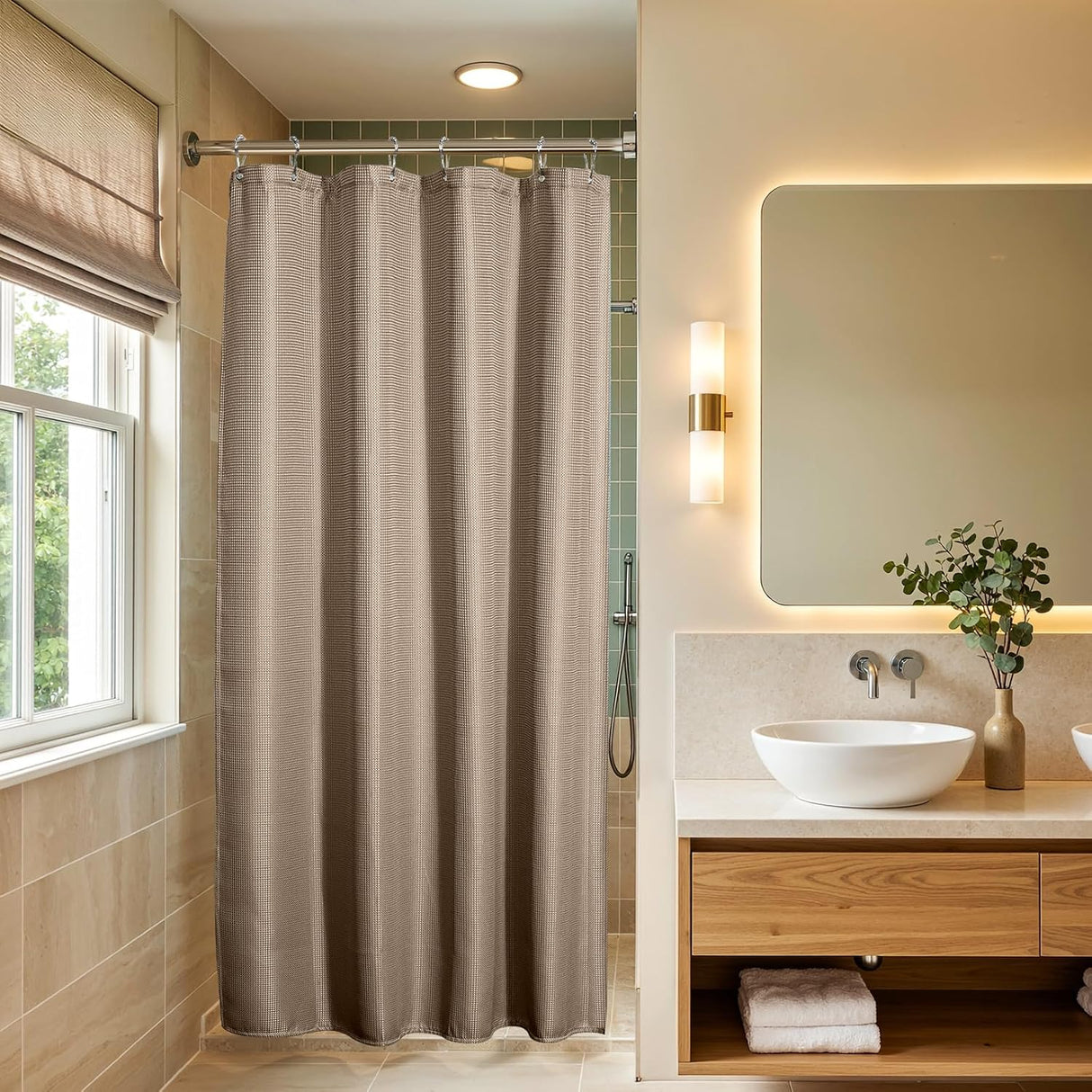 AmazerBath Waffle Shower Curtain, 240 GSM Hotel Style in Taupe, shown as the main product image for bathroom use.