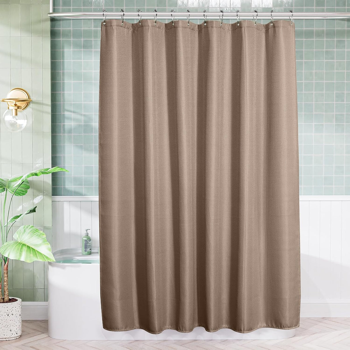 AmazerBath Waffle Shower Curtain, 240 GSM Hotel Style in Taupe, shown as the main product image for bathroom use.
