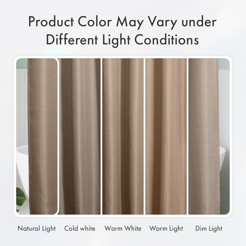 AmazerBath taupe waffle shower curtain shown under different lighting to illustrate natural color variation.