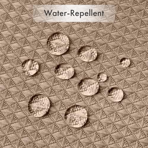 Water droplets beading on the water-repellent fabric of the AmazerBath taupe waffle shower curtain.