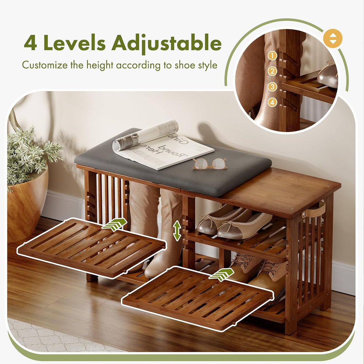 AmazerBath walnut bamboo shoe rack bench: four adjustable shelf levels are shown with a close-up of the height settings.