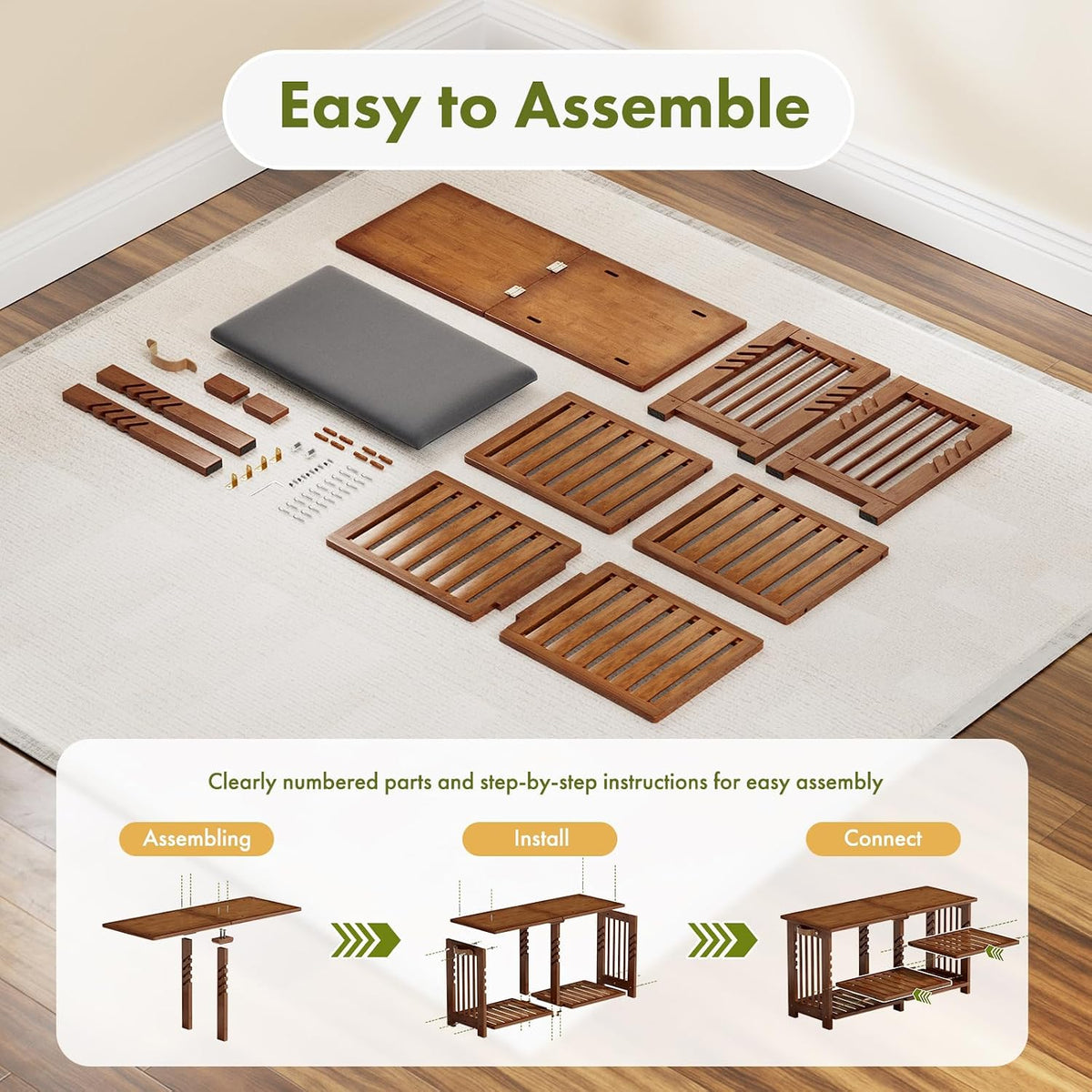 AmazerBath walnut bamboo shoe rack bench: the parts are laid out beside a three-step assembly guide for the shoe bench.