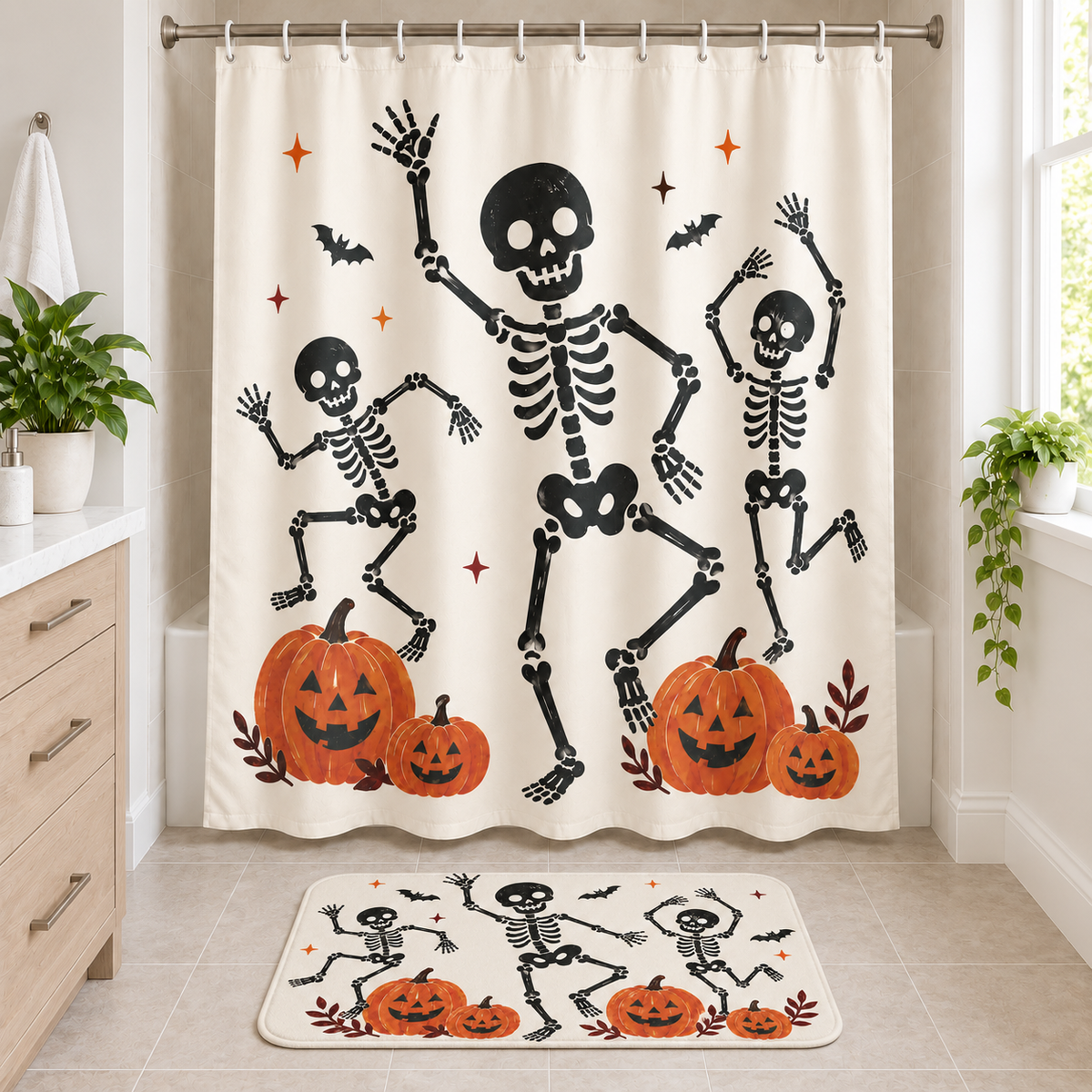 Playful Dancing Skeletons Halloween Shower Curtain and matching Halloween bath mat displayed together in a bathroom
