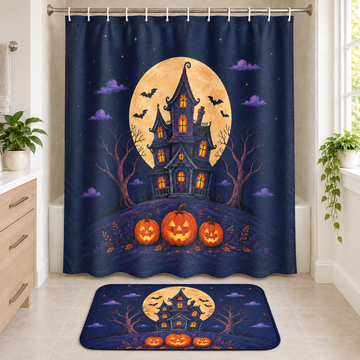 Moonlit Haunted House Halloween Shower Curtain and matching Halloween bath mat displayed together in a bathroom